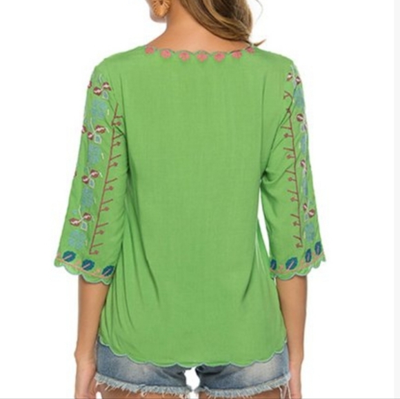 Coruja Green Embroidered 3/4 Sleeve Blouse Boho - Picture 2 of 13